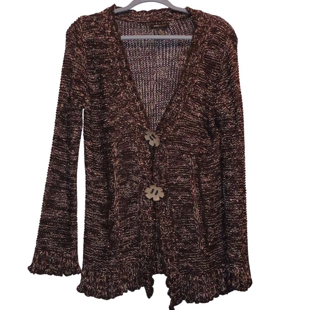 BCBGMAXAZRIA Women's XL Cardigan Sweater Brown Multi Button Ruffle Hem